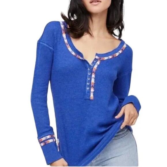 WE THE FREE Henley S Rainbow Trim Thermal Slouchy Rounded Hem Free People - Picture 1 of 8
